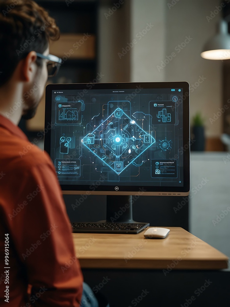 Poster employee engaging with an augmented reality interface in a digital workspace.