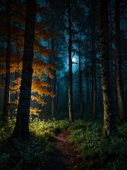 Enchanted autumn forest at night with vibrant foliage and soft moonlight.