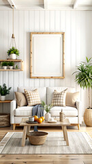 Home mockup, farmhouse living room interior background, 3d render, white Mock up frame
