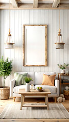 Home mockup, farmhouse living room interior background, 3d render, white Mock up frame