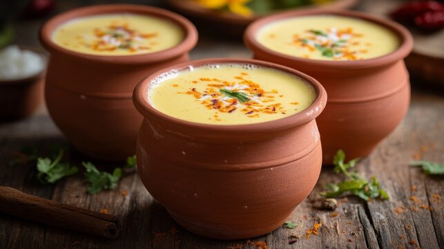 Authentic Indian cold drink made up of curd, milk & malai called Lassi in saffron / kesar flavour, also called kesariya or keshariya or kesar lassi, served in traditional indian terracotta glasses 