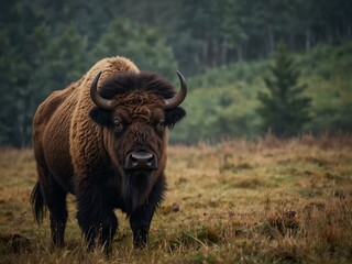 European bison in the Bieszczady Mountains, Poland.