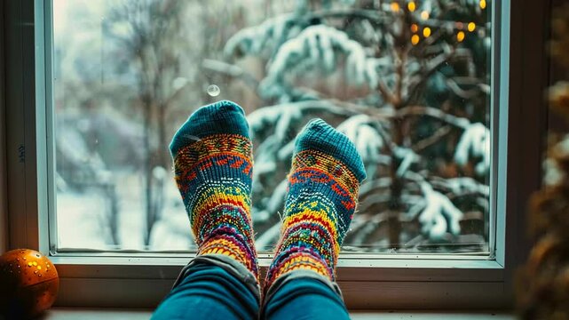 Cozy feet by the window, watching the snow fall outside