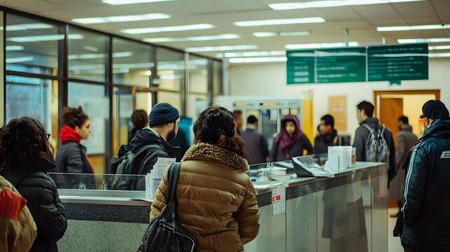 Bustling immigration office with diverse people waiting in line