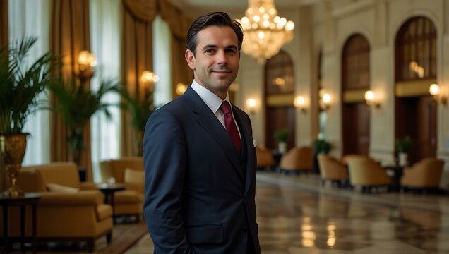 Experienced hotelier overseeing a grand hotel lobby.