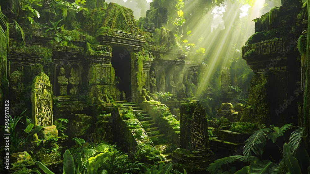 Poster weathered and crumbling remnants of an ancient temple its intricate stone carvings and statues burie