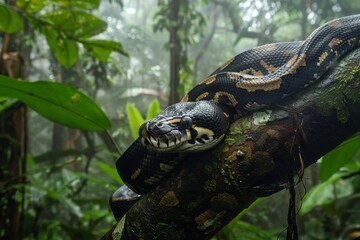 Naklejka premium python coiled around a tree branch in a dense rainforest