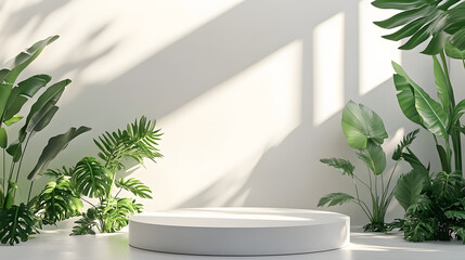 Minimalist botanical interior design with a potted plant and a cosmetic cream on a towel near a window