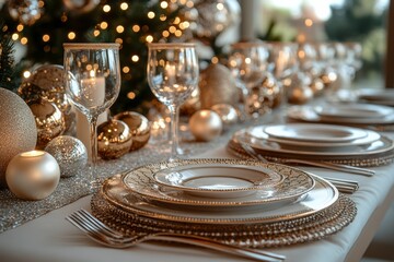 Naklejka premium Beautifully set New Year's table with candles, elegant dishes and a centerpiece of gold and silver jewelry. Generative AI