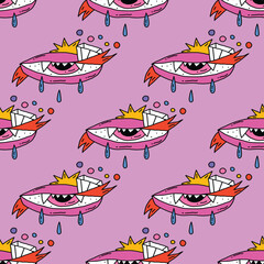 square seamless pattern -sinister eyes for Halloween.Devil eyes in 1970s psychedelic style.Groovy and funky print ornament.A look from a horror movie. Mystical esoteric eye.Witches,astrology and tarot