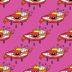 square seamless pattern -sinister eyes for Halloween.Devil eyes in 1970s psychedelic style.Groovy and funky print ornament.A look from a horror movie. Mystical esoteric eye.Witches,astrology and tarot