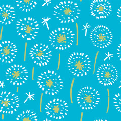 Seamless pattern, dandelions on a blue background. Abstract modern background.