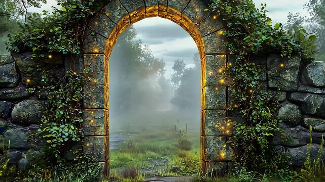 Mysterious stone archway leading into a foggy forest, symbolizing fantasy, adventure, and the magical allure of an enchanted, hidden landscape.

