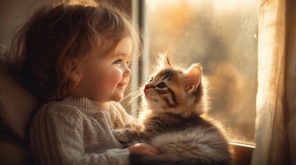Obraz premium A toddler s face lights up with joy as a fluffy kitten curls up in their lap, both basking in the warm afternoon sun by a window, the scene filled with wonder and gentle affection