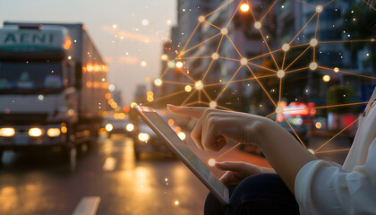 Businesswoman hand using Digital tablet computer of global logistics network distribution and transportation Ui, Smart logistics, Innovation future of transport on city background