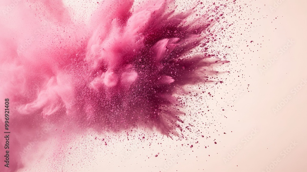 Poster a vivid burst of pink powder erupts against a plain light beige background, creating an eye-catching