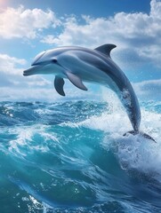 Obraz premium Joyful dolphin leaping through the waves flat design side view underwater adventure 3D render Split-complementary color scheme