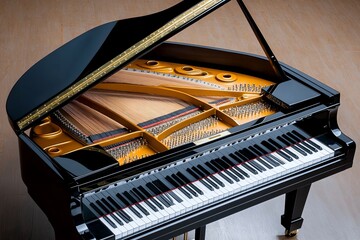 A hyper-realistic image of a piano's keys and strings under the open lid, showing the intricate mechanics of the instrument