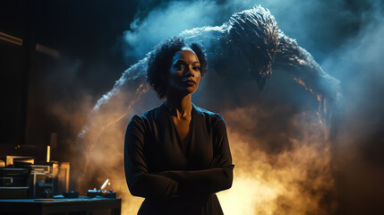 A mysterious character stands confidently in a dimly lit theater with a shadowy creature lurking behind during a dramatic moment