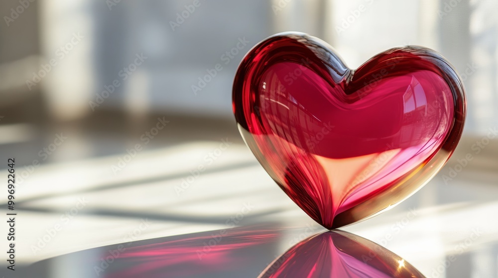 Poster a glossy heart-shaped frame featuring a smooth gradient from deep red to pink rests on a sleek surfa