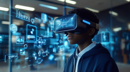Student with VR Headset Using AI A school student in a classroom is wearing a VR headset, immersed in a virtual learning environment powered by artificial intelligence (AI) and mac