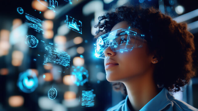 AI Cybersecurity Learning with AR Technology A student learning data coding in a classroom is portrayed in profile, with augmented reality (AR) visuals representing both AI and cyb