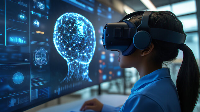 AI-Powered Learning with VR in Classroom: A school student is using a virtual reality (VR) headset, interacting with AI-powered educational content in a tech-advanced classroom. Bl