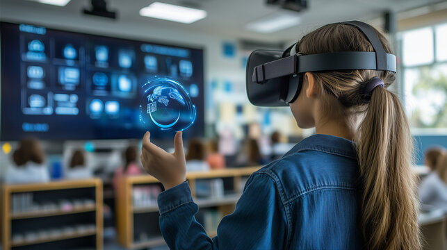 AI-Powered Learning with VR in Classroom: A school student is using a virtual reality (VR) headset, interacting with AI-powered educational content in a tech-advanced classroom. Bl