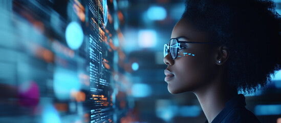 A side profile of a Black African American female IT professional immersed in analyzing a complex data set. Augmented reality overlays depict potential cybersecurity threats, creat