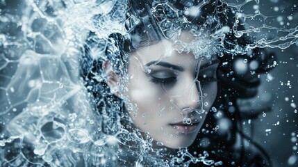 A serene moment captured underwater showcasing a woman's face amidst elegant splashes of water in soft lighting