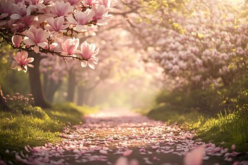 Pathway covered with pink petals leading through blooming magnolia trees