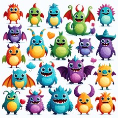 Naklejka premium A colorful collection of cartoon monsters with various features and expressions.