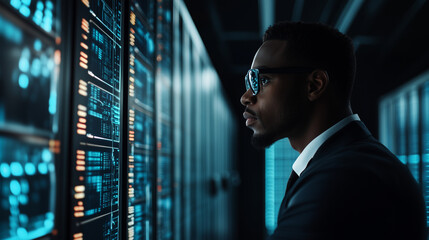 A Black African American male IT professional working in a high-tech server room, engaged in analyzing data breaches. The illuminated screens display alerts about privacy threats,