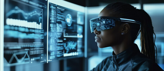 A Black African American female IT specialist in a high-tech office, analyzing cybersecurity data using augmented reality glasses. Digital threat indicators and data visualizations