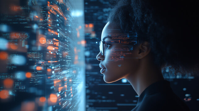 A side profile of a Black African American female IT professional deeply engaged in analyzing complex data sets. Augmented reality overlays illustrate various cyber threats, creati