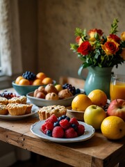 Fresh fruit and baked goods on a brunch table.