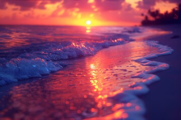 Sunset at Tropical Beach: Vibrant Waves and Golden Sky - Perfect for Relaxation and Travel Posters