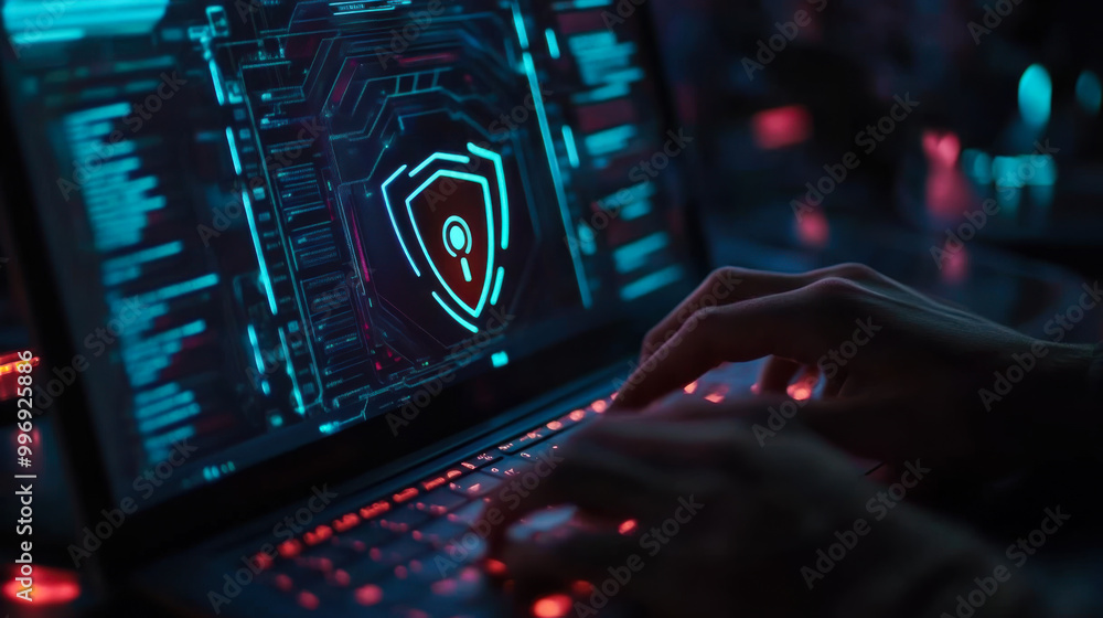 Poster a person working on a laptop in a dimly lit room during nighttime, engaged in cybersecurity activiti