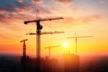 A group of tower cranes are silhouetted against a beautiful sunset