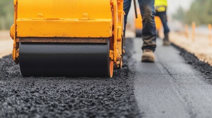 Road construction workers using a steamroller to smooth freshly laid asphalt road paving process