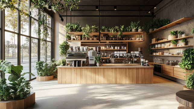 Stylish café interior with wooden accents and lush greenery during daytime