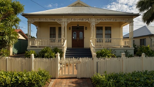 Front view of a cream-colored Queenslander home.