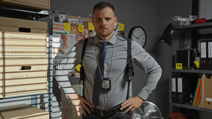 Confident detective with badge standing in a cluttered office with case files and a clock,...