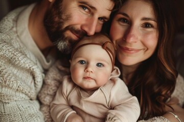 Tender family portrait with parents holding their baby indoors, warm tones creating a cozy atmosphere