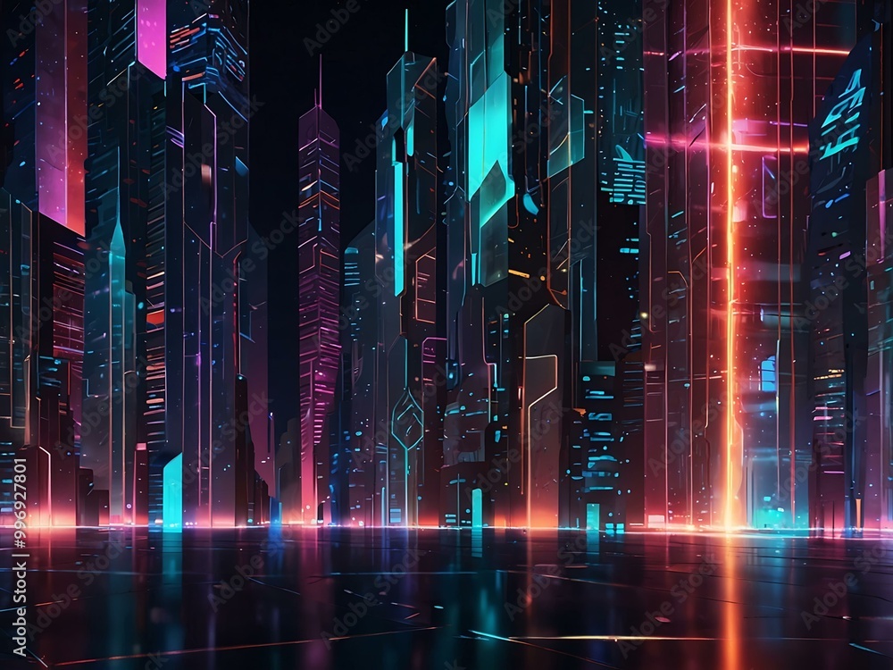 Poster futuristic cityscape with illuminated paths and holographic structures in vibrant colors.