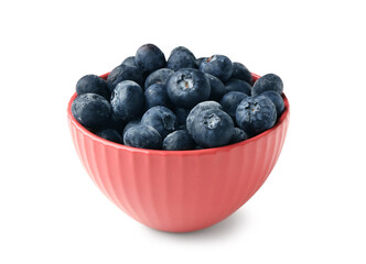 Bowl with ripe blueberry isolated on white background