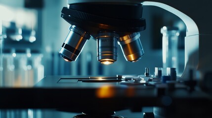 In a brightly lit science laboratory, a modern microscope is showcased, focusing on its intricate lenses and controls, ideal for scientific exploration