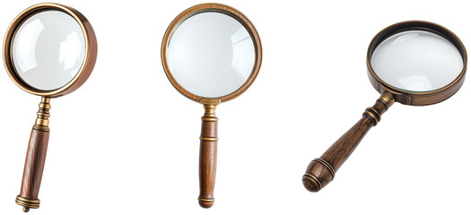 Set of Vintage Magnifying Glasses, isolated on transparent background.