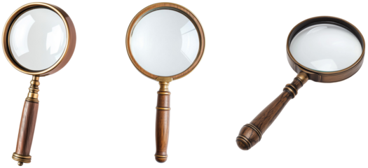 Set of Vintage Magnifying Glasses, isolated on transparent background.