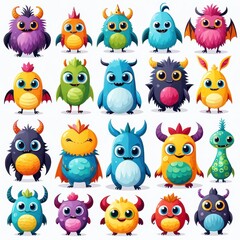 Fototapeta premium A colorful collection of cute, cartoonish monsters with various features and expressions.
